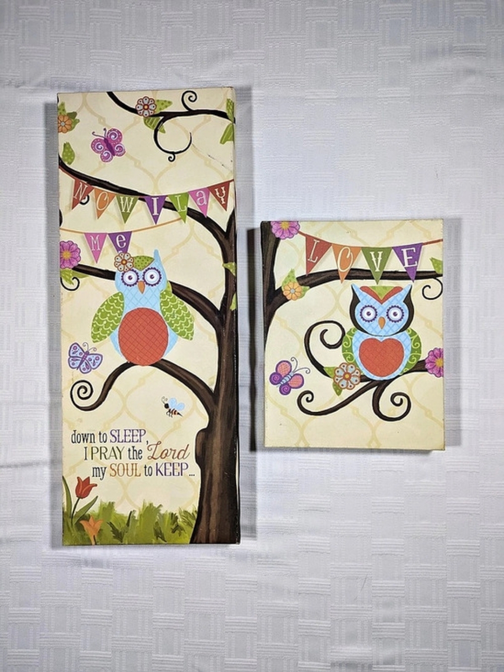 Nursery Owl Wall Cart Set Canvas Now I Lay Me Down To Sleep Love 2 Pieces